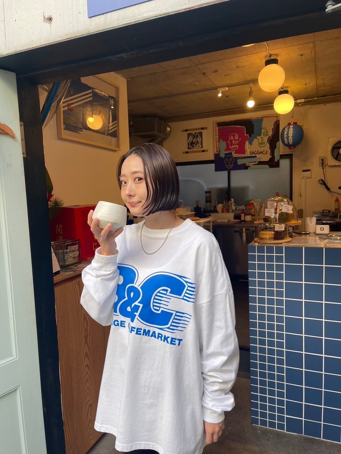 B&C OVERSIZE LONG SLEEVE TEE WHITE/BLUE
