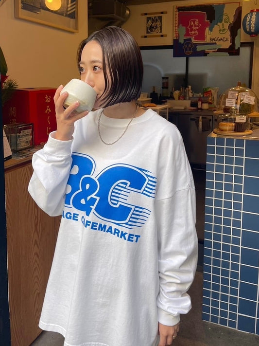 B&C OVERSIZE LONG SLEEVE TEE WHITE/BLUE